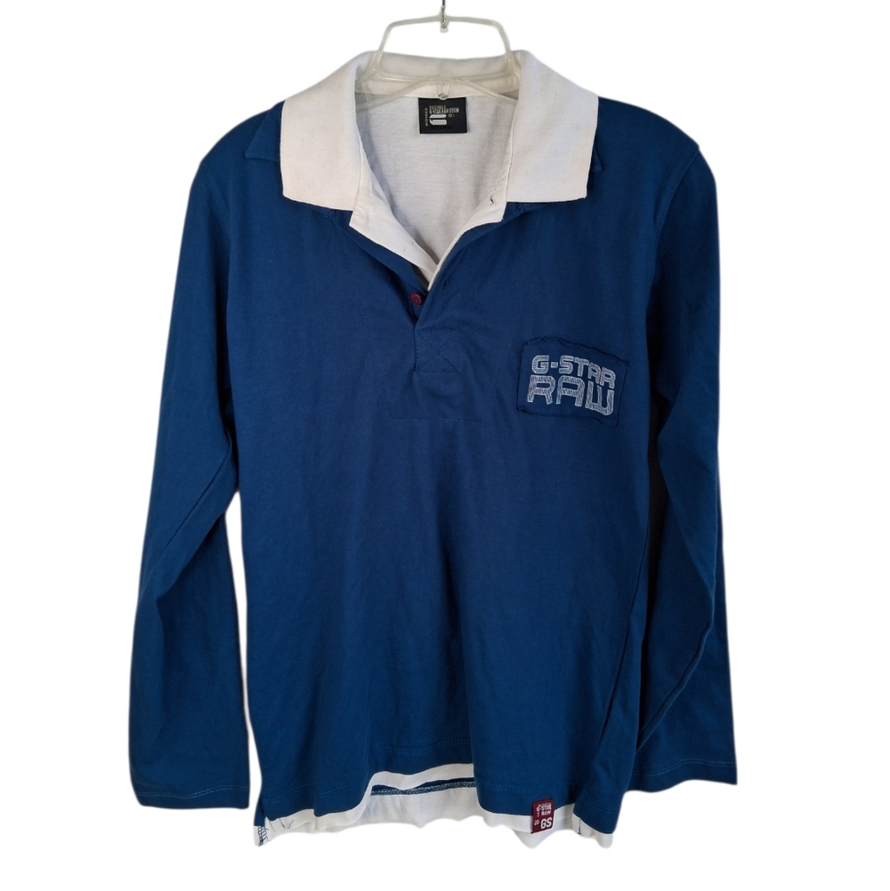 G-Star Raw Long Sleeves Polo Shirt Mens Size S Blue w/White Collar
